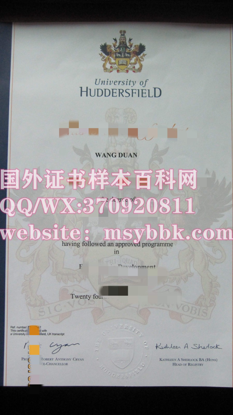 【英国学院】哈德斯菲尔德大学毕业证书样本